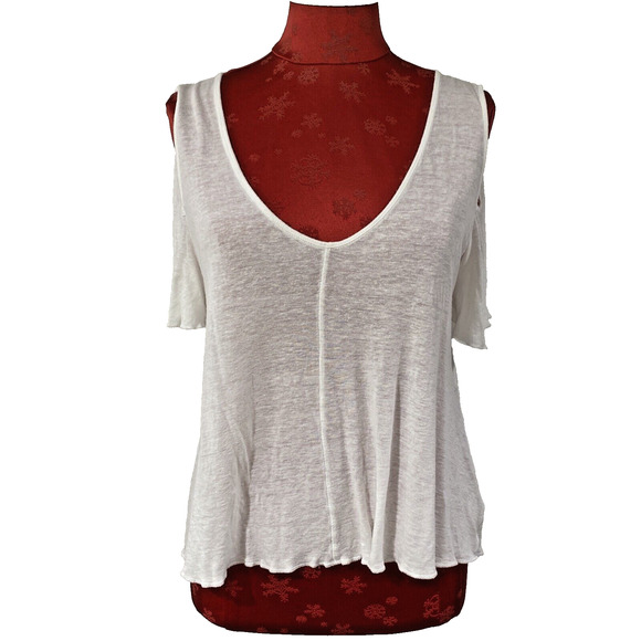 Free People Sheer White Slub Tee Shirt Top Cold Shoulder Short Sleeve Size S/P - Picture 1 of 8